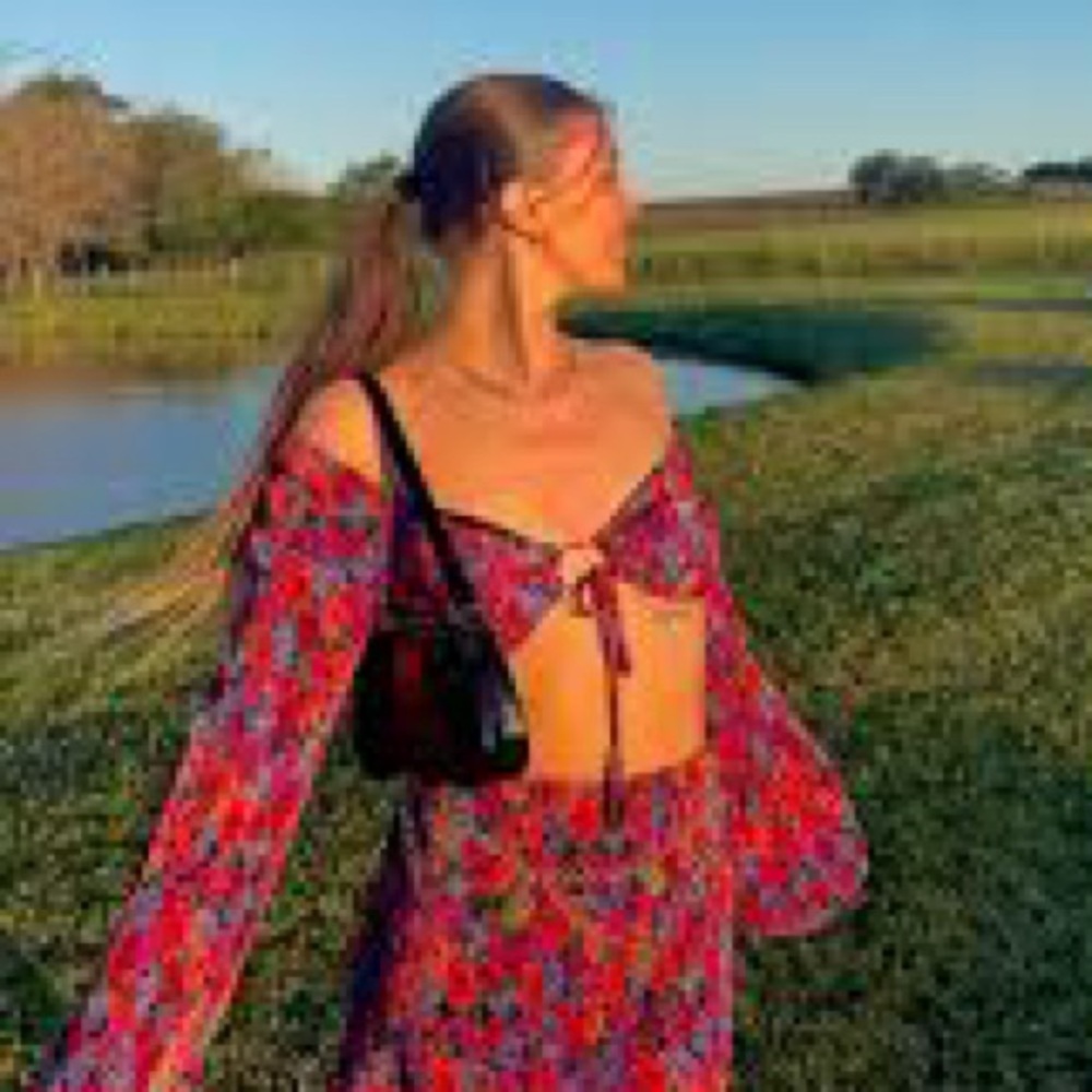 Wild Fable Floral Tie-Front Crop Top Red & Blue LongSleeve Boho Peasant Style XS - Picture 3 of 10